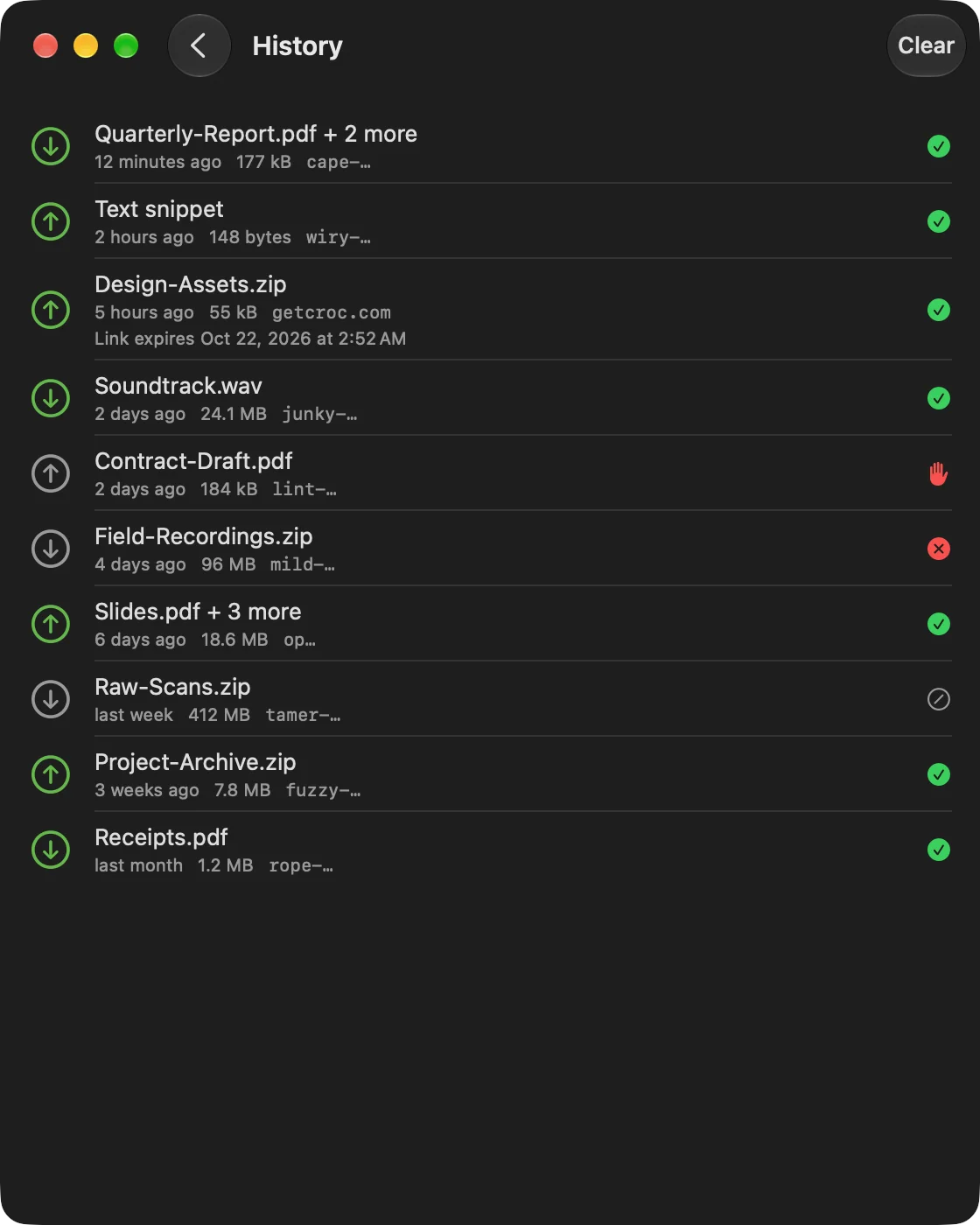 The History screen on macOS listing past transfers with their direction, file counts, and status