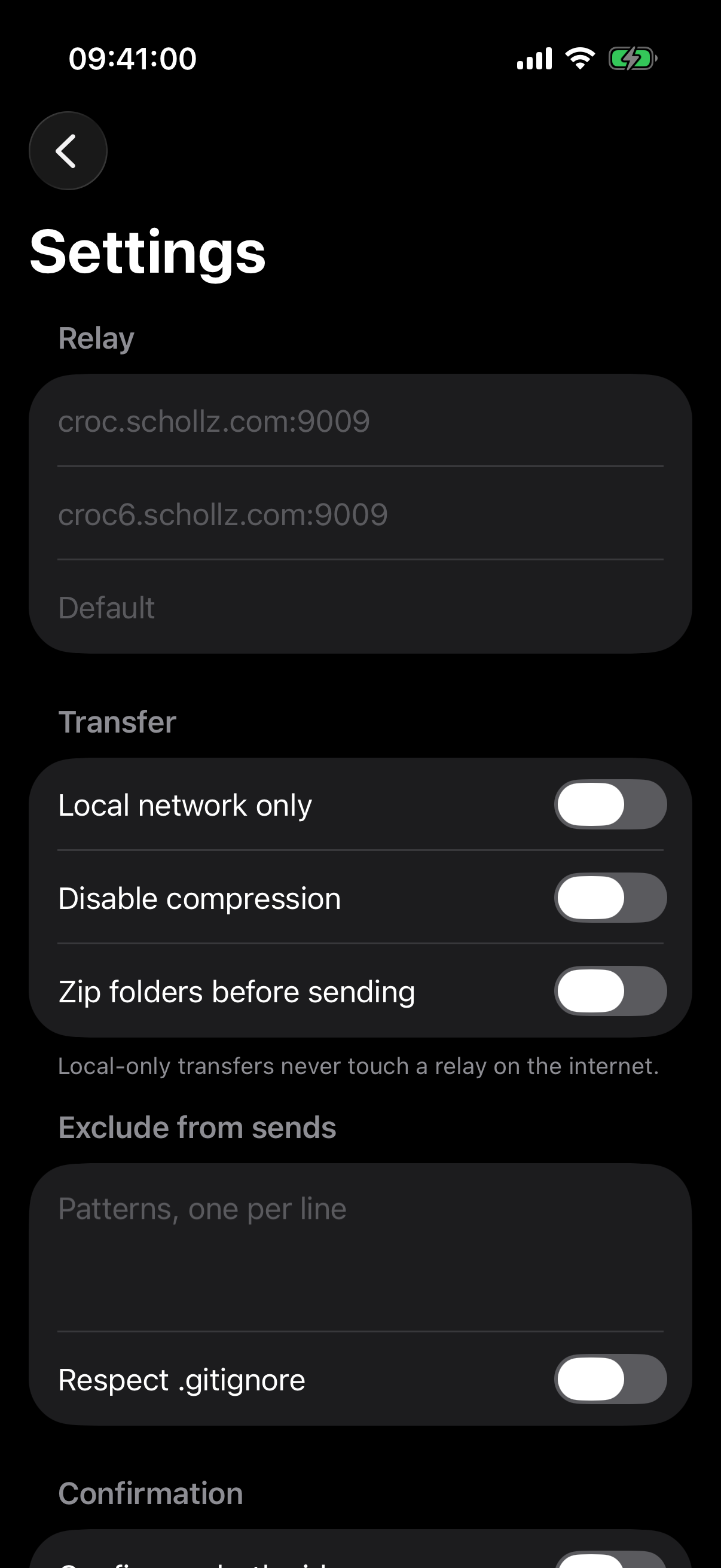CrocApp Settings on iOS showing the power options under the settings screen