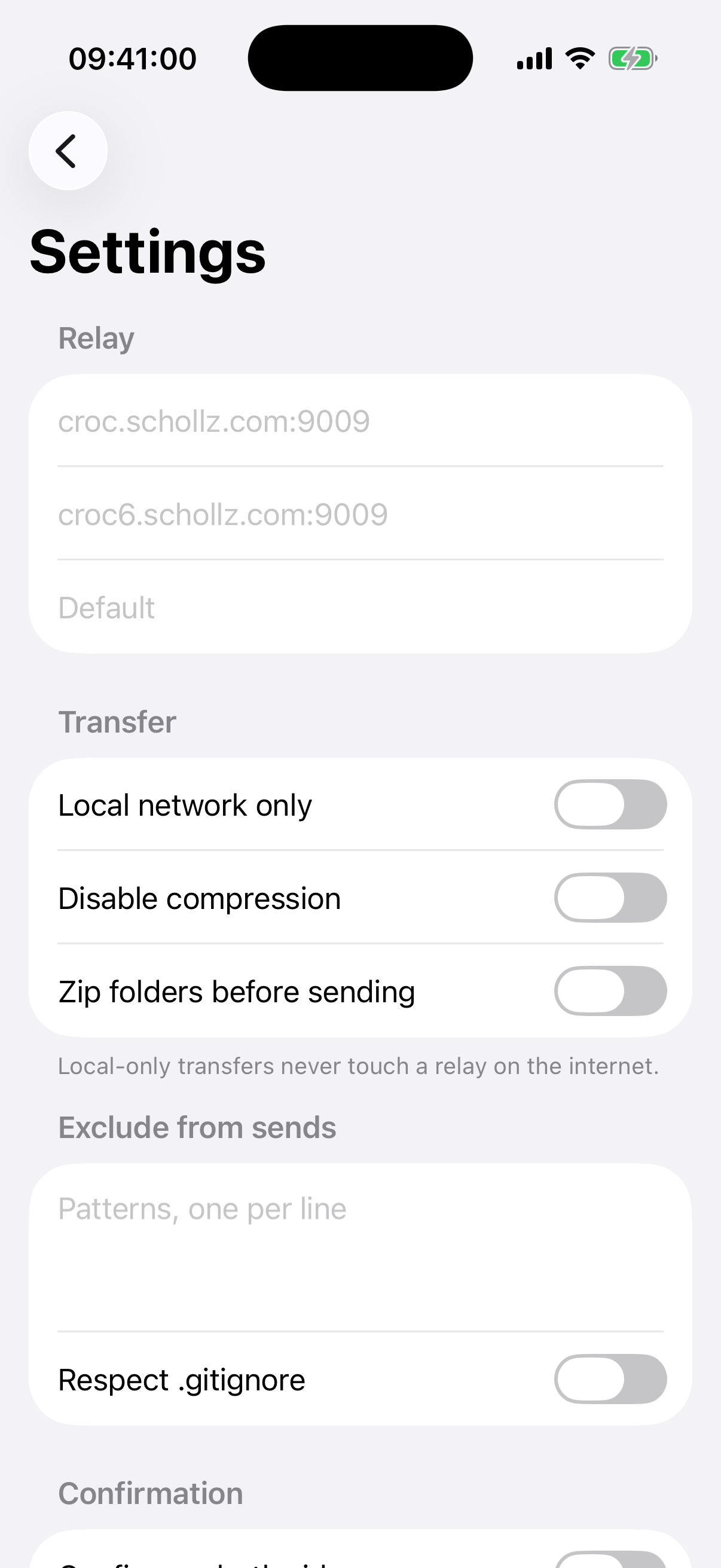 CrocApp Settings on iOS showing the power options under the settings screen