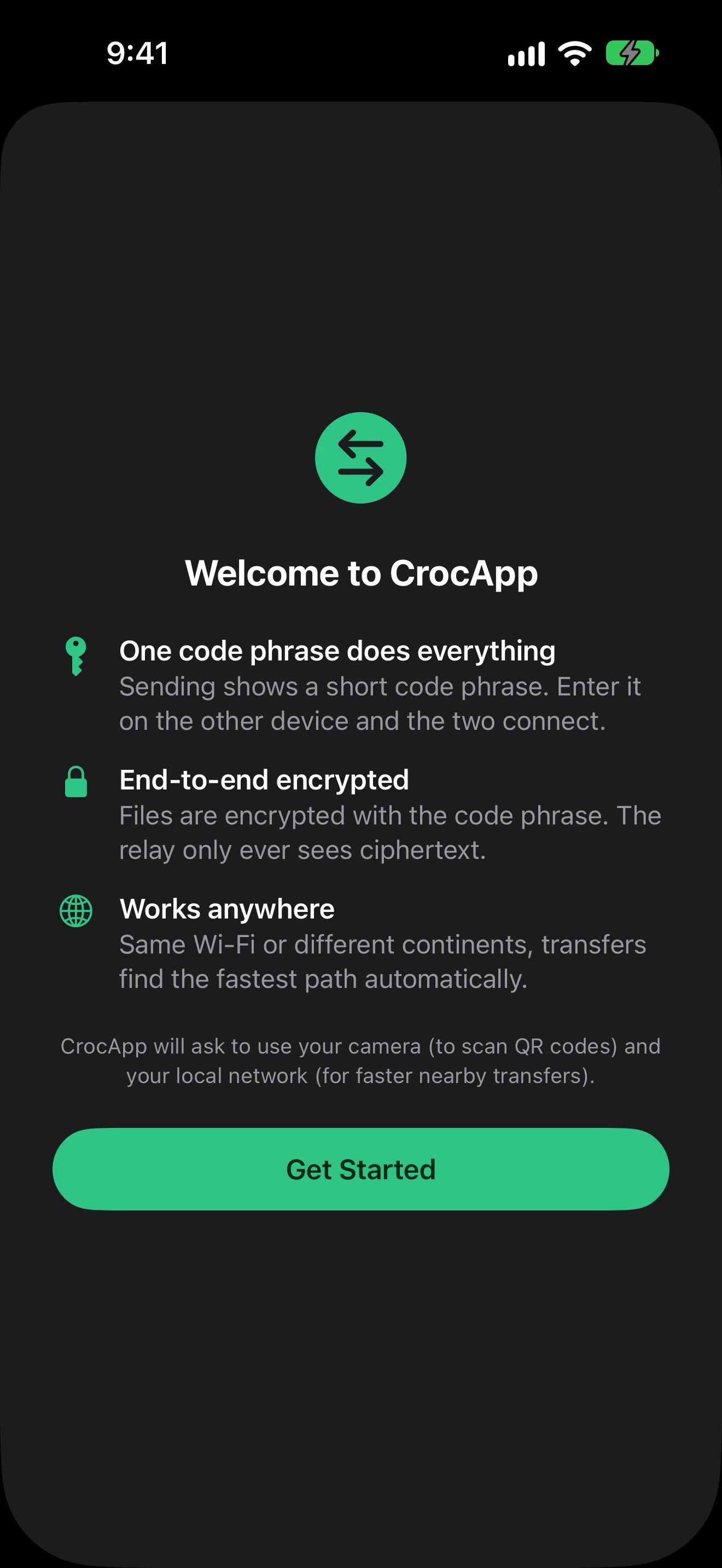 The first-run welcome screen on iOS, explaining the code phrase in three lines