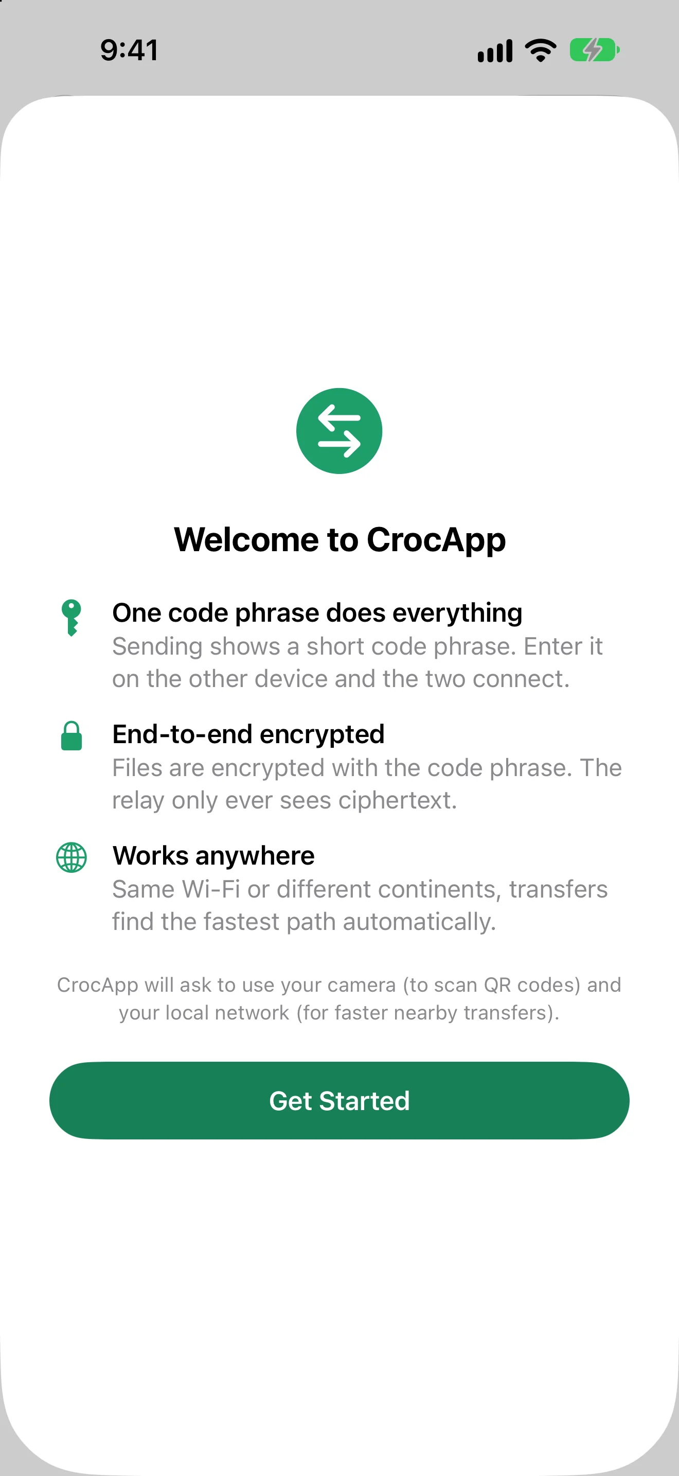 The first-run welcome screen on iOS, explaining the code phrase in three lines