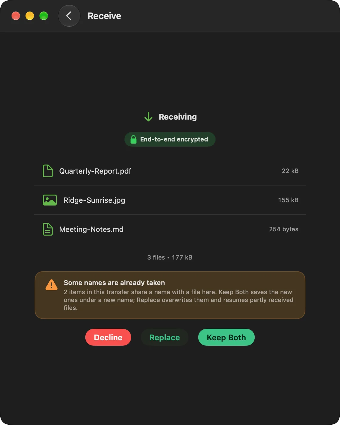 CrocApp on macOS showing three incoming files, a warning that some names are already taken, and the Decline, Replace and Keep Both buttons