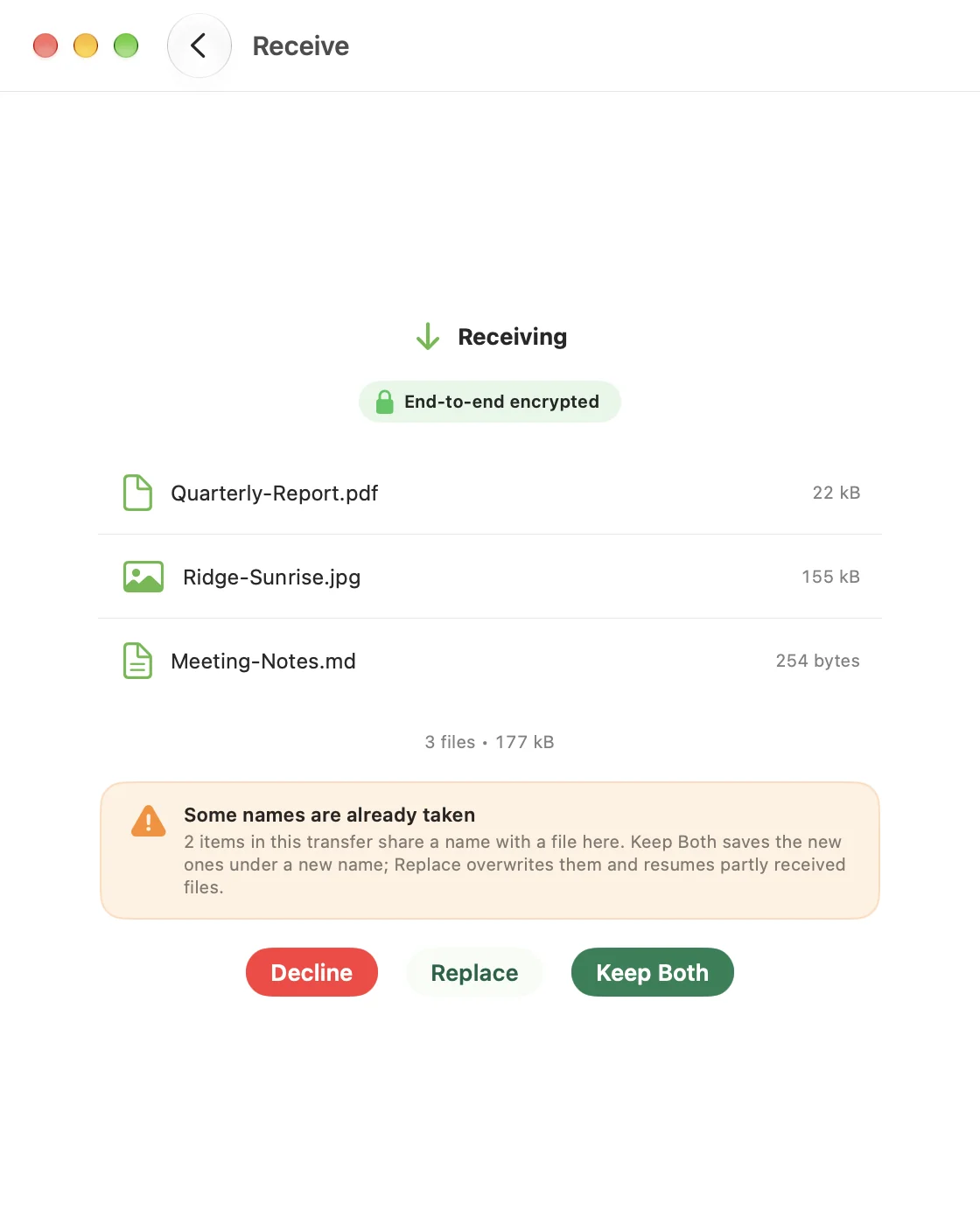 CrocApp on macOS showing three incoming files, a warning that some names are already taken, and the Decline, Replace and Keep Both buttons