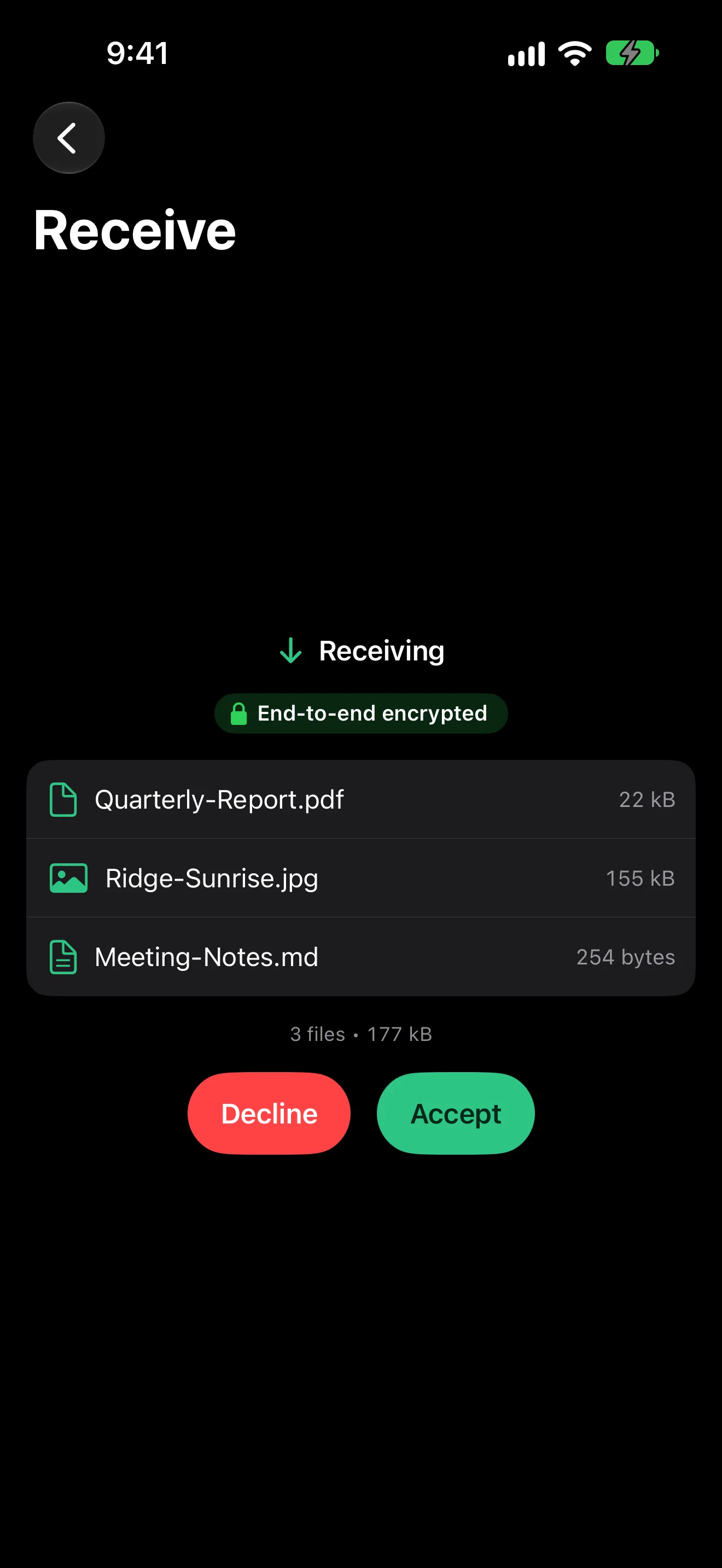 CrocApp on iOS showing a receive of three files with Decline and Accept buttons