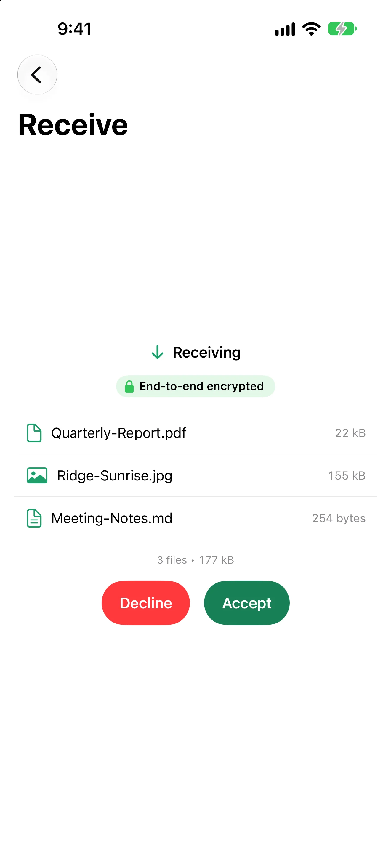 CrocApp on iOS showing a receive of three files with Decline and Accept buttons