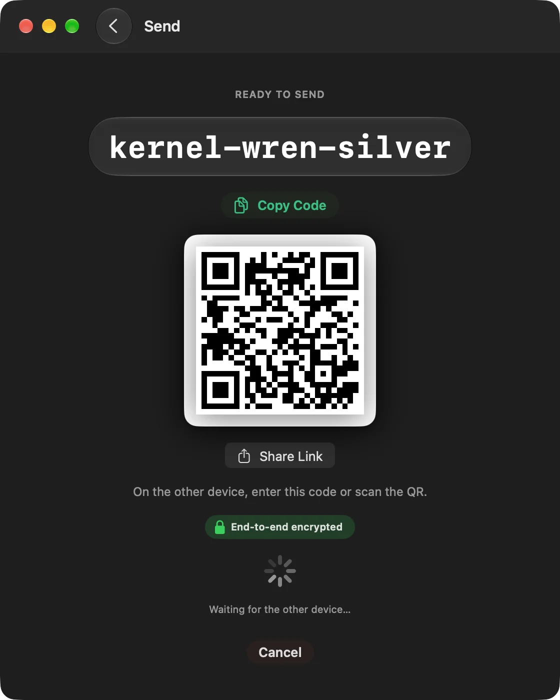 CrocApp on macOS showing Ready to send with the code phrase, a Copy Code button, and a QR code