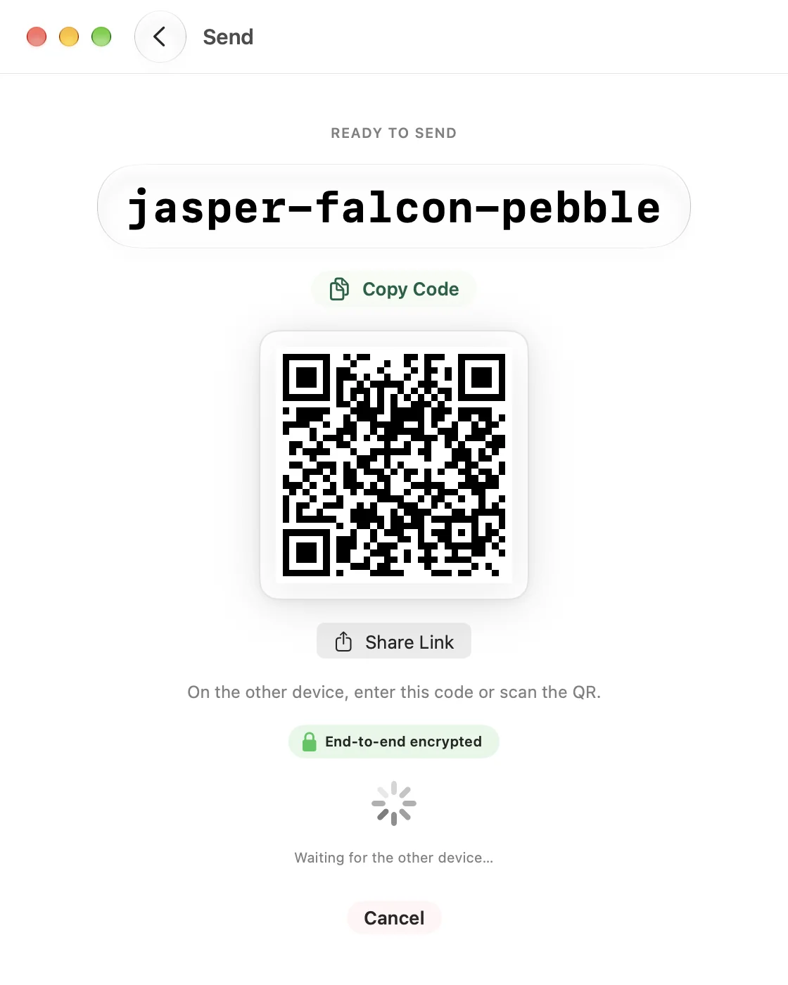 CrocApp on macOS showing Ready to send with the code phrase, a Copy Code button, and a QR code