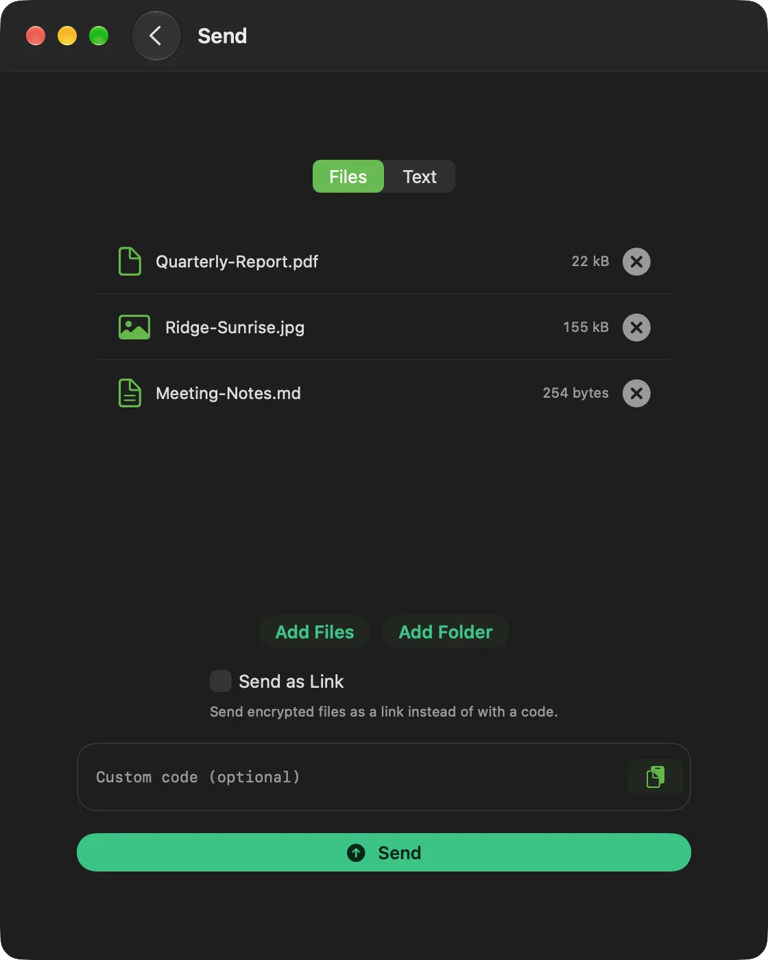 The CrocApp Send screen on macOS with three files staged and the Send button ready