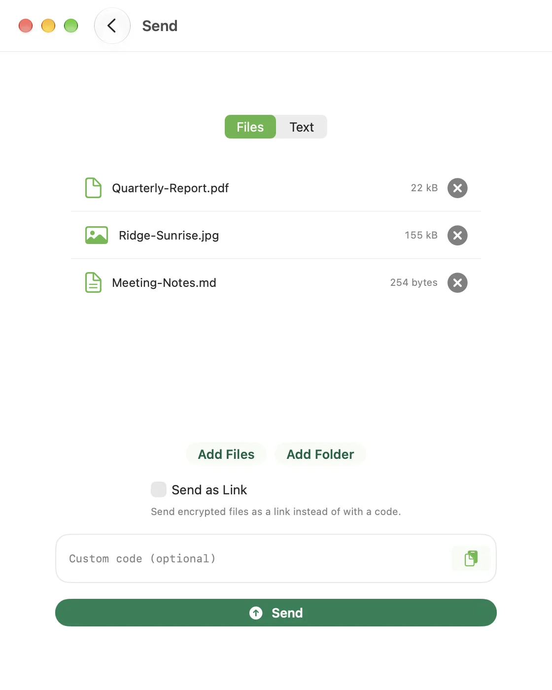 The CrocApp Send screen on macOS with three files staged and the Send button ready