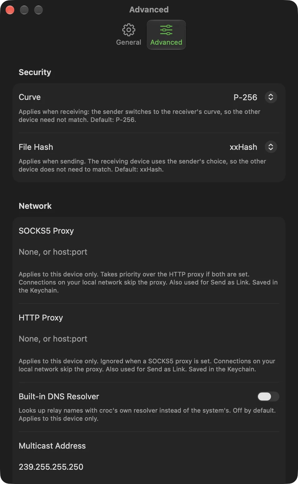 CrocApp Settings on macOS showing the Advanced tab with Curve, File Hash and the proxy fields