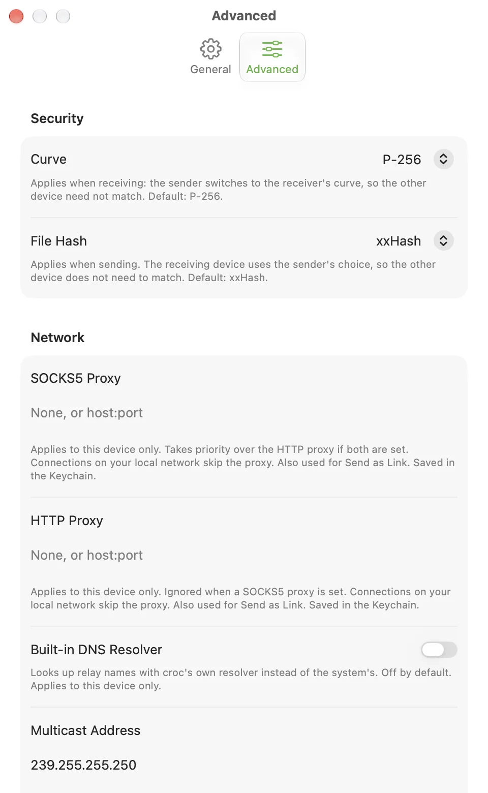 CrocApp Settings on macOS showing the Advanced tab with Curve, File Hash and the proxy fields