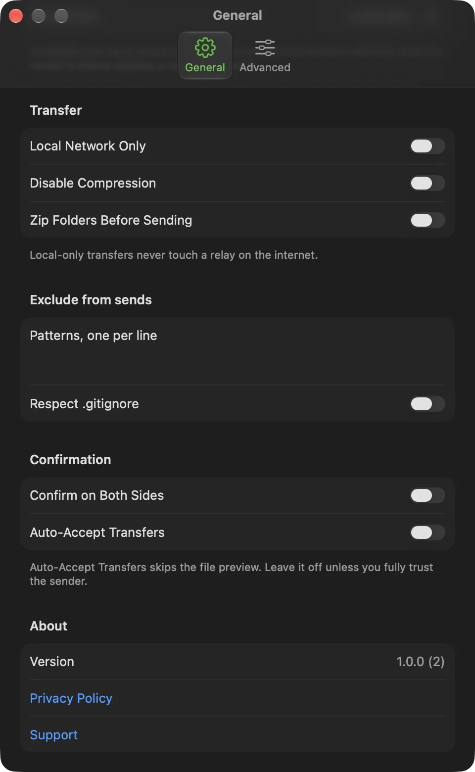 CrocApp Settings on macOS, General tab, showing the Transfer, Exclude from sends, Confirmation and About sections