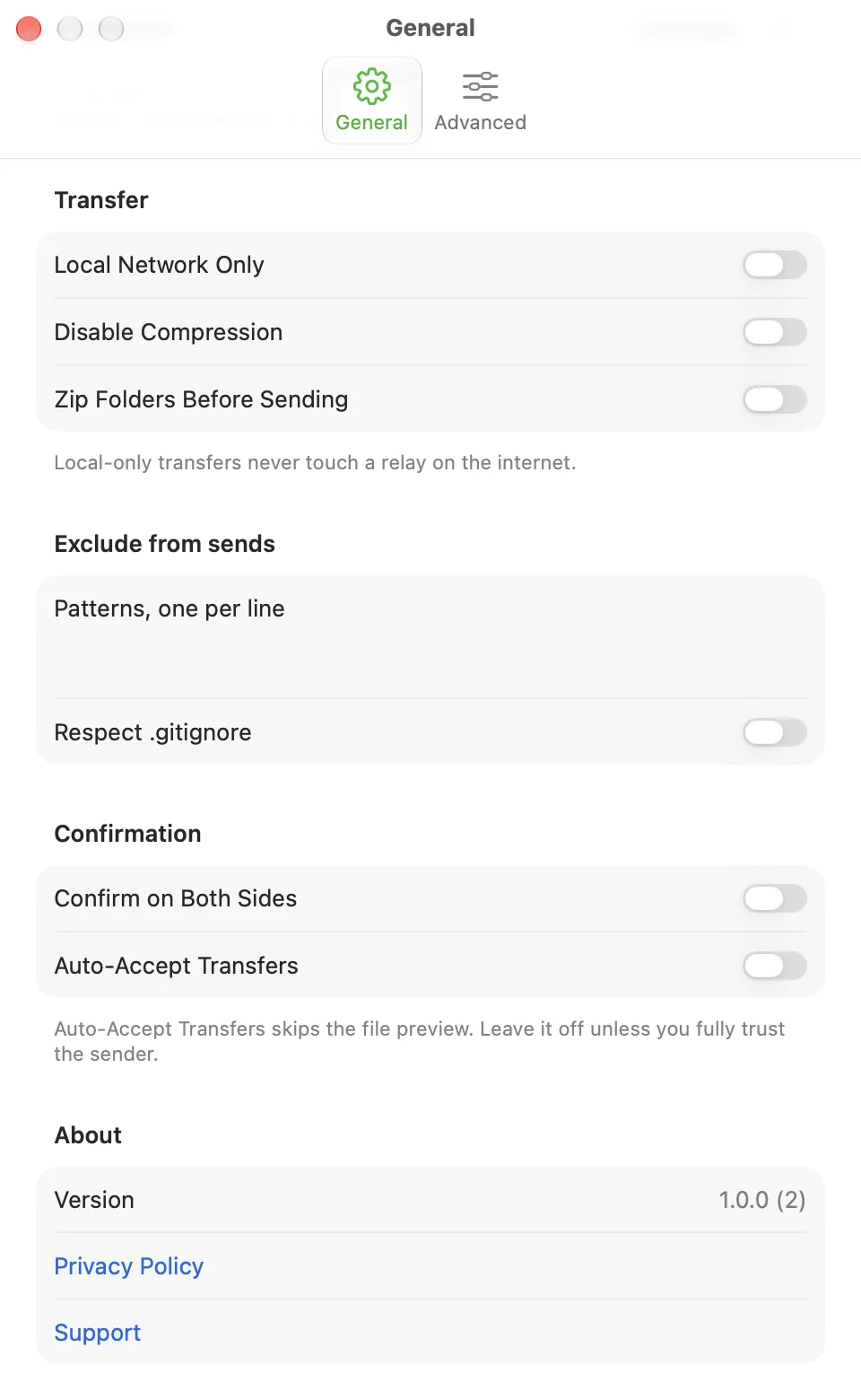 CrocApp Settings on macOS, General tab, showing the Transfer, Exclude from sends, Confirmation and About sections
