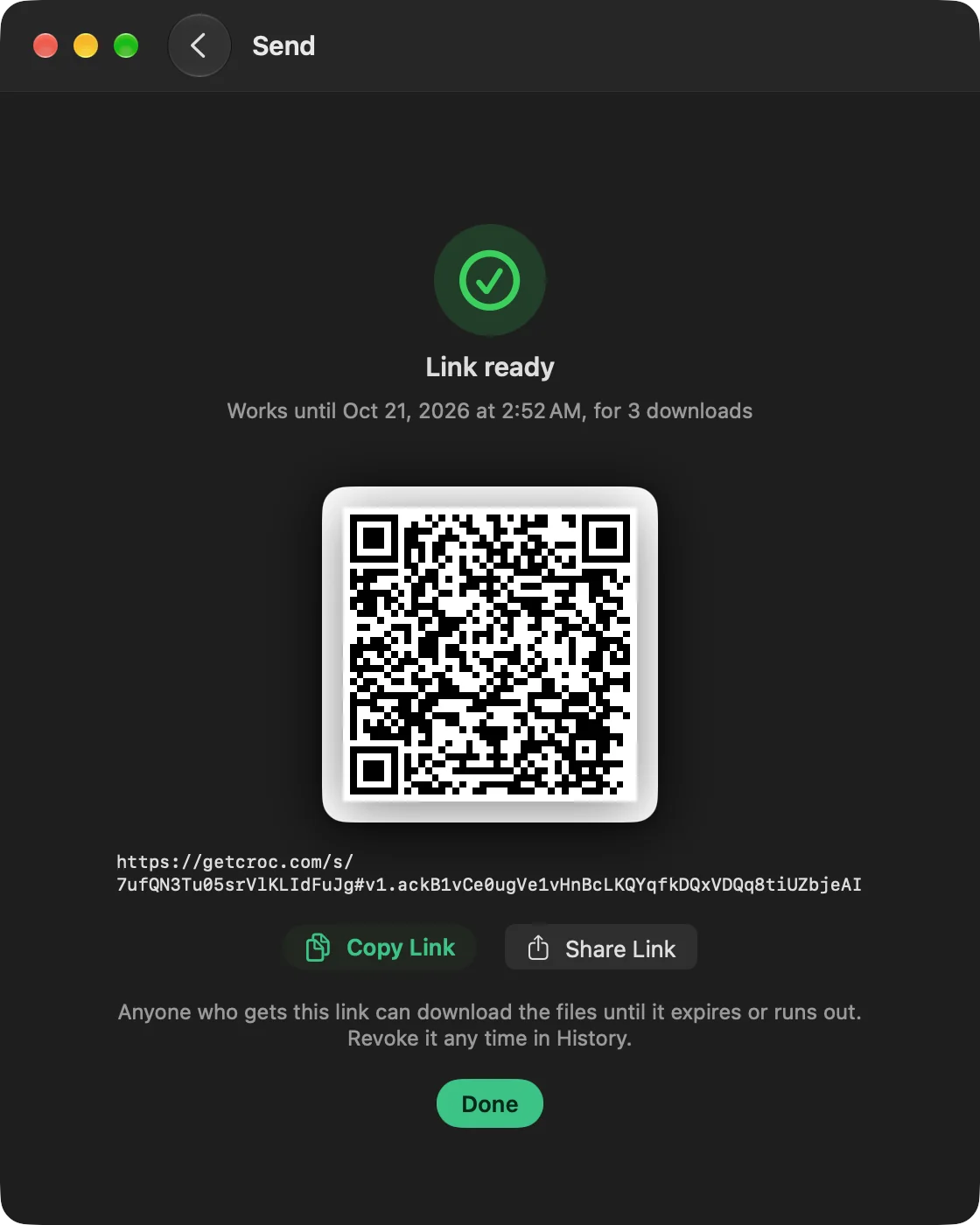 CrocApp on macOS showing Link ready, the expiry and download count, a QR code and the link itself with Copy Link and Share Link buttons