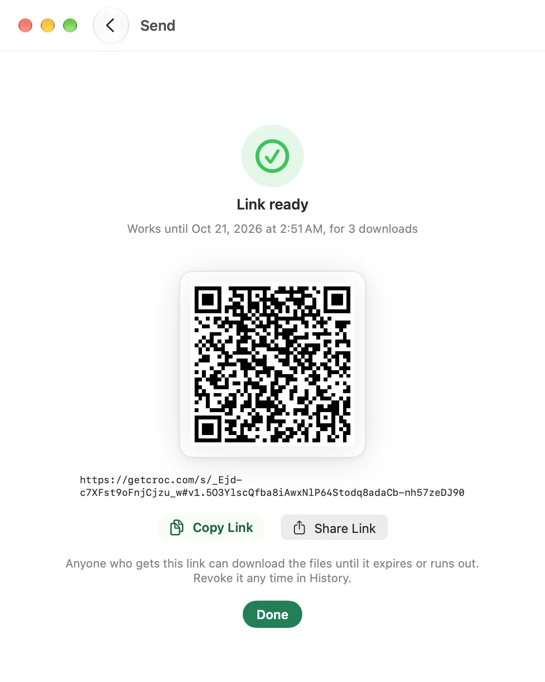 CrocApp on macOS showing Link ready, the expiry and download count, a QR code and the link itself with Copy Link and Share Link buttons